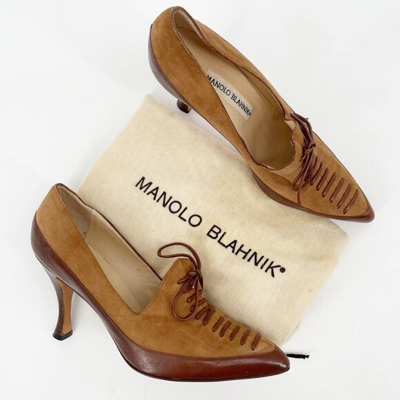Vintage Manolo Blahnik Two-Tone Camel Brown Oxford Lace-Up Pump Heels IT 38 - Picture 1 of 13